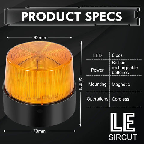 Product specs for Rock Solid Amber Led Strobe Beacon With Usb Rechargeable Power And Heavy Duty Magnetic Mount, showing dimensions and features.