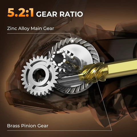 Lethal Blaze Spinning Reel With Ultra Smooth Drag Up To 26.5 Pounds On 4000 And 5000 Sizes, showing zinc alloy main gear and brass pinion gear for 5.2:1 gear ratio.