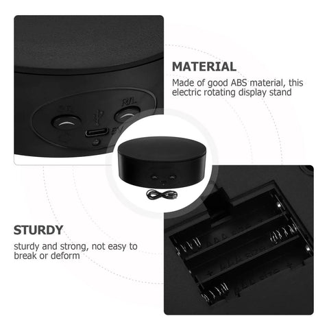 Close-up of the black plastic base of the Silent Electric Rotating Turntable Display Stand 13cm, showcasing controls and battery compartment.