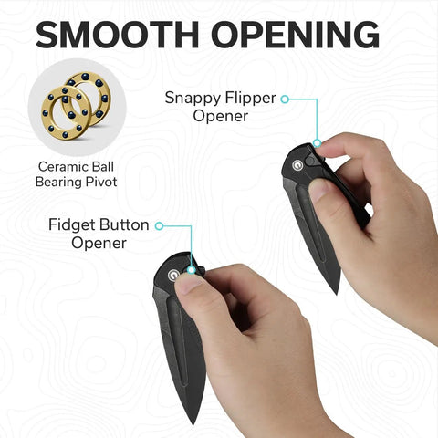 Hands demonstrating smooth opening features of Premium Flipper Folding Pocket Knife Featuring A Razor Sharp 3.4 Inch 14C28N Swedish Steel Blade.