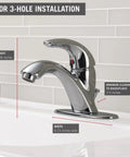 Classic Single Hole Chrome Bathroom Faucet With One Handle, mounted on sink, showing dimensions for 1 or 3 hole installation