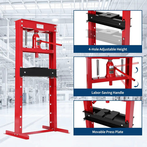 20 Ton H Frame Benchtop Hydraulic Shop Press for Metalworking Pneumatic Compatible Red Finish Built Tough for Bending and Straightening Stamping and Repairs for the DIYer in Your Home Shop, red steel frame
