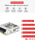 Rock Solid Heavy Duty 50W 24V Switching Power Supply Ultra Slim 1U Frame showcasing safety features like overcurrent protection.
