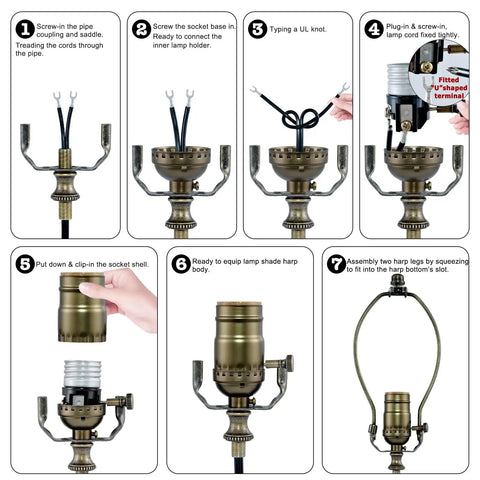 Step-by-step assembly of 3 Way Socket Rewire Kit With 12 Foot Cord And Harp Set For Table Or Floor Lamps showing parts and process.