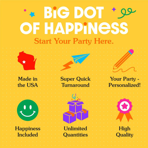 Colorful graphic with party theme text and icons, featuring Big Dot of Happiness and service highlights for DIY events.