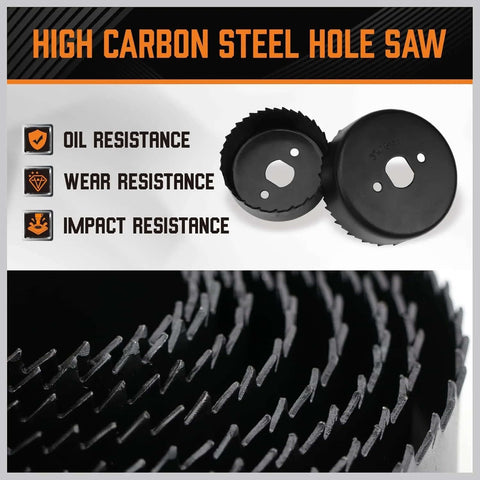 HORUSDY hole saw set, 24-piece kit; two black circular hole saws with serrated teeth, macro view