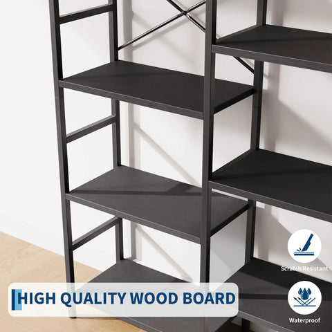 Arched Triple Column 63 Inch Wide 5 Tier Bookshelf with Open Shelves. Sturdy X Back design in industrial style for home organization.