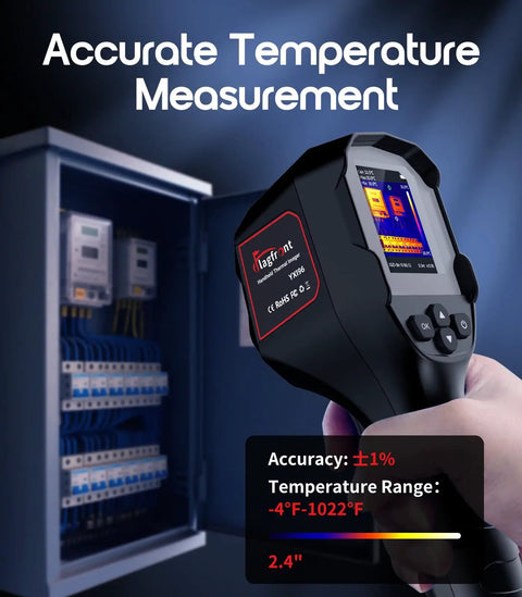 Handheld Thermal Imaging Camera With 240x240 High Resolution IR Sensor, 25Hz Frame Rate, Temperature Alarm shown in use on electrical panel