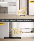 4 Pack Satin Brass Passage Door Knobs And Levers For Hall And Closet Doors, shown in modern interior setting
