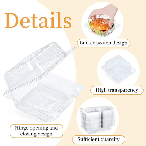Heavy Duty Clear Clamshell Food Containers With Strong Hinged Lids Thick PET Plastic Snap Top For Burgers And Parties Built Tough to Keep Your Grub Fresh, showcasing design details and transparency.