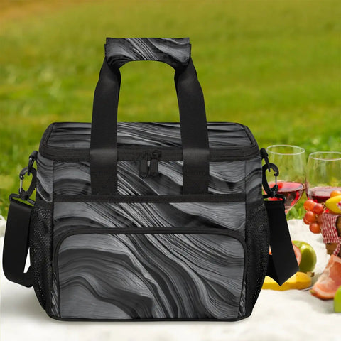 Grey Textured Insulated Picnic Backpack For Women And Men on picnic table with wine glasses and fruit