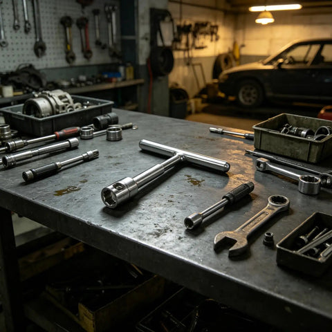 Heavy Gauge T Shaped Auto Dent Puller Kit For Paintless Dent Removal And Diy Car Body Repair Tool on a workshop table with tools.
