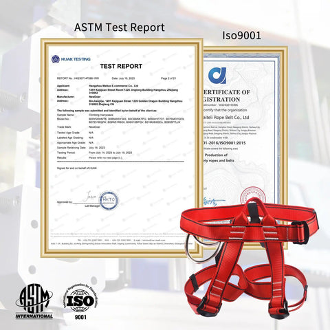 ASTM and ISO certification documents with red Adjustable Thickness Climbing Harness With Wide Half Body Design For Rock Climbing.