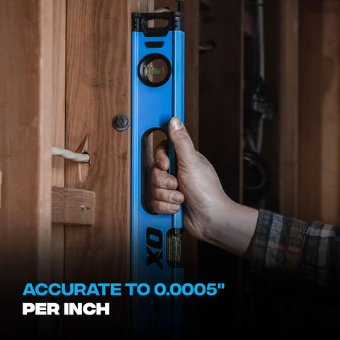 Dead Straight Eight Foot Aluminum Box Beam Level Featuring Magnified Vials And Lightweight Four Point One Pound Body in use for precision leveling.