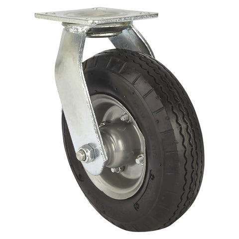 Badass 8 Inch Swivel Caster Wheel With Flat Free Rubber Foam Core And Deep Sawtooth Tread showing zinc finish and heavy-duty design.