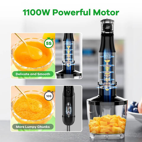 Heavy Duty Immersion Blender Handheld Corded 1100W Full Copper Motor 5-in-1 Hand Blender Set showing blending performance with smooth puree.