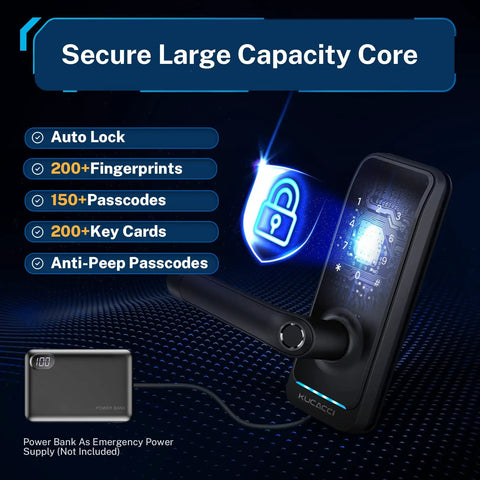 Keyless Entry Digital Door Lock For Front Door With Fingerprint And Passcode App Control And Remote Unlock Key Fob And Alexa Voice Unlock No Fuss Easy Installation Black with lock features displayed on screen.