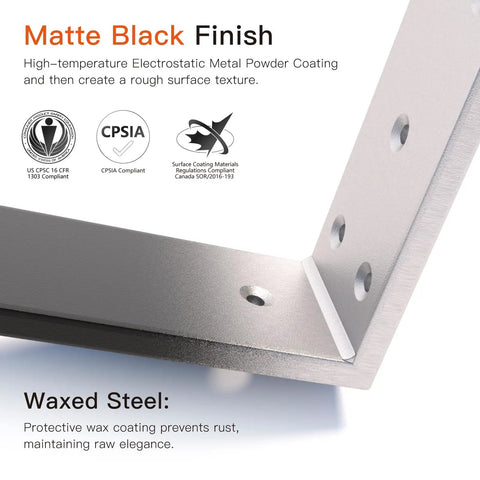 Matte Black finish and waxed steel details of Heavy Duty 12 Inch Countertop Support Brackets Matte Black 2 Pack Premium Steel.