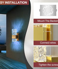 Installation steps for Gold Crystal LED Wall Sconce With Dimmable 3000K To 6000K Color Temperature, Modern Indoor Light