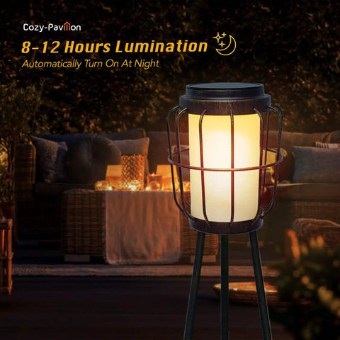 Solar Powered Plant Stand Lights 2 Pack Bronze Outdoor Floor Lamps For Deck And Porch Waterproof glowing at night on patio