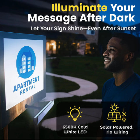 Adjustable Solar Sign Lights Outdoor Black LED Floodlight For House Numbers Real Estate Curb Appeal Crisp Cool White Beam IP65 Weatherproof Dusk To Dawn Sensor Hits Hard At Night illuminating a sign in the evening.
