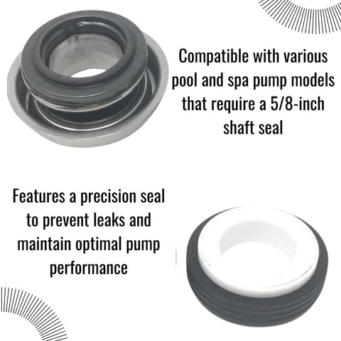 Pair of 5/8-inch pool pump shaft seals, metal outer ring with black rubber inner seal (front view)