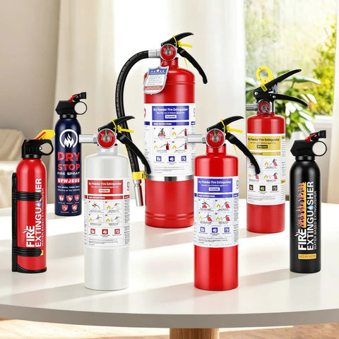 Group of various fire extinguishers including the Solid Pick 2 Point 5 Lb Abc Dry Powder Fire Extinguisher With 1 A 10 B C Rating and ANSI UL approval.