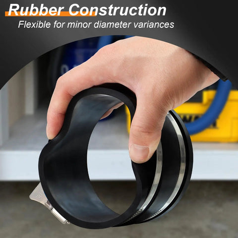 4 Inch Dust Collection Flex Cuff With Stainless Steel Hose Clamps for Airtight Seal in hand showcasing rubber flexibility