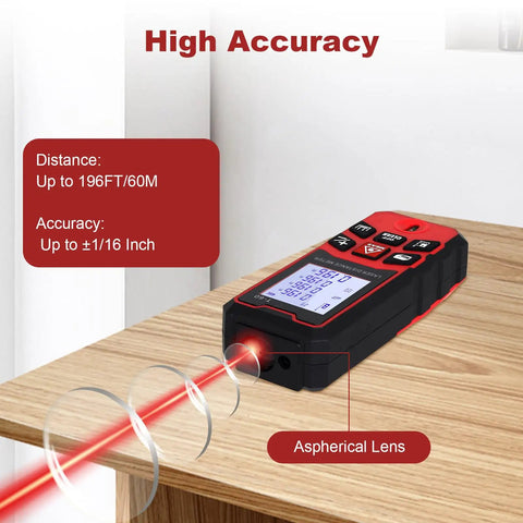 Laser Distance Meter With 196 Feet Range And Backlit LCD Precision To One Sixteenth Inch Pythagorean And Area Volume Calculations Switchable Meters Inches And Feet Units Bubble Level Auto Shut Off Built Tough on wooden table