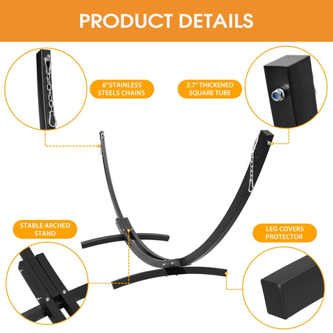 Beefed Up 13.5 Ft Steel Arc Hammock Stand With Carabiner And Chain, 2 Person Weather Resistant Outdoor Stand features details