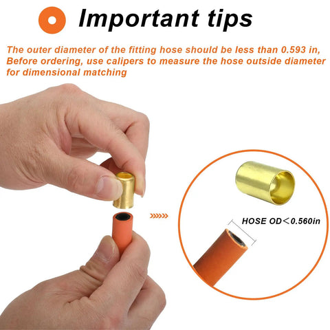 Brass Hose Ferrules 0.560 Inch ID 1 Inch Length 50 Pack Built Tough For Air Torch And Acetylene Hoses With Leak Proof Seal And Tight Fit Designed For Dependable Air Hose Connections On Welding Torches. Brass ferrule shown with hose OD under 0.560 in.