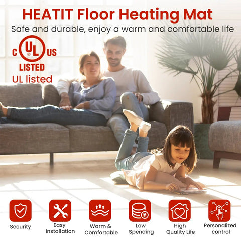 Family relaxing on sofa with child playing on floor, illustrating benefits of 60 Sqft Self Adhesive Electric Radiant Floor Heating Mat, UL listed.