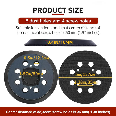 Dimensions of 52 Piece Sander Pad And Discs Combo Kit With 2 Pack 5 Inch 8 Hole Hook And Loop Pads shown.