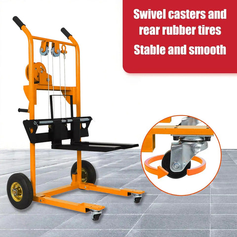 The Heavy Duty Manual Pallet Stacker Material Lift Winch Loader With 330 Lbs Capacity And Rubber Swivel Casters, showcasing swivel casters.