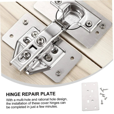 6 Pack Cabinet Hinge Repair Plates Durable Corner Hinge Plates installed on wood surface showcasing screws and multi-hole design