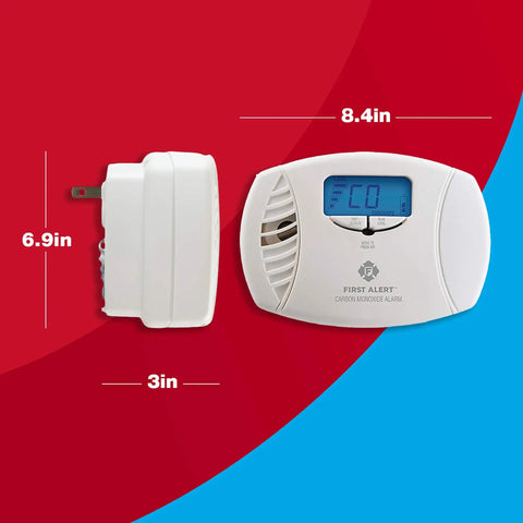 Plug In Carbon Monoxide Detector With Battery Backup And Digital Display CO615 White Pack Of 3 side and front view dimensions