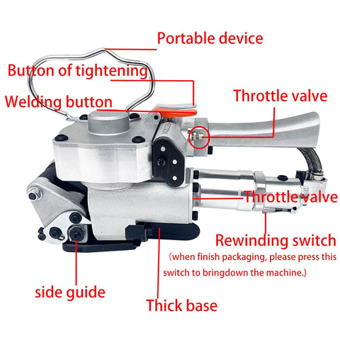 Heavy Duty Handheld Pneumatic Strapper For Pet Strap And Pp Band Portable Packing Tool showing controls and features.