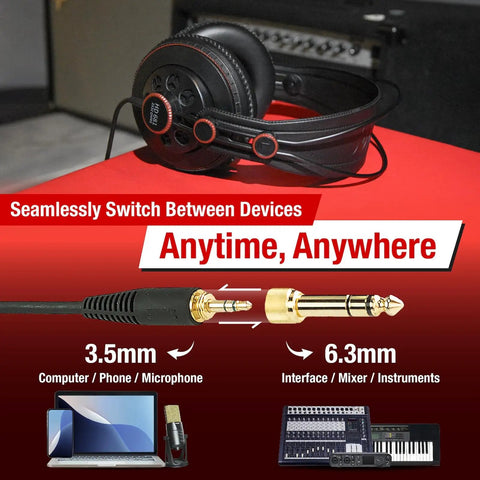 Semi Open Over Ear Studio Headphones With 50mm Neodymium Drivers Wired For Monitoring Mixing And Music on red surface with cables