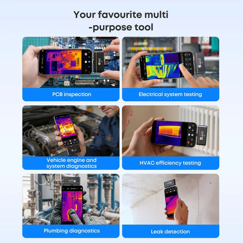 Dope Thermal Imaging Camera For iOS And Android With 8mm Macro Lens Manual Focus, shown inspecting PCBs and electrical systems.