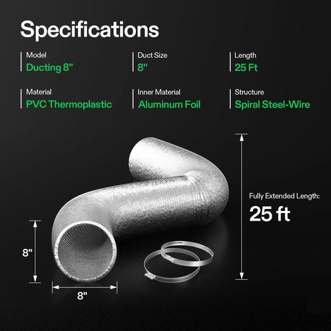 8 Inch Flexible Aluminum Ducting For HVAC Ventilation 25 Ft Air Duct Hose With Two Clamps Multi Layer Dryer Duct and specifications