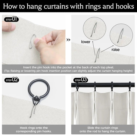 Diagram showing how to hang Pinch Pleat Blackout Curtains 84 Inch Long 2 Panels 40 Inch Wide Greyish White using rings and hooks.
