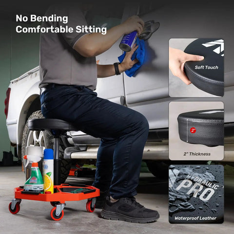 Built Tough Rolling Mechanic Stool With A Hefty 300 Lbs Rating, adjustable height for comfortable sitting during auto repairs.