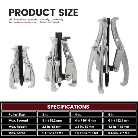 Beast Mode Heavy Duty 3 Jaw Gear Puller Set With Reversible Jaws For Pulley Bearing Flywheel Removal, multiple sizes displayed