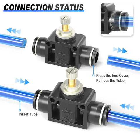 Two inline pneumatic air flow control valves with push-to-connect fittings, 1/4 in tubes, black plastic body