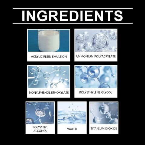 Image showing ingredients: Acrylic Resin Emulsion, Ammonium Polyacrylate, and more in clear liquid droplets.