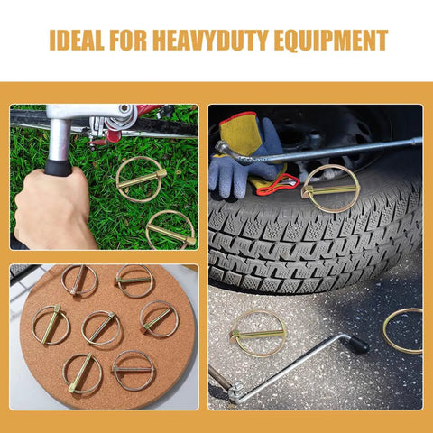 Heavy Duty Lynch Pins With Ring Kit 12 Pack 3/16 Inch Locking Hitch Pins for heavy equipment use, displayed on tire and grass