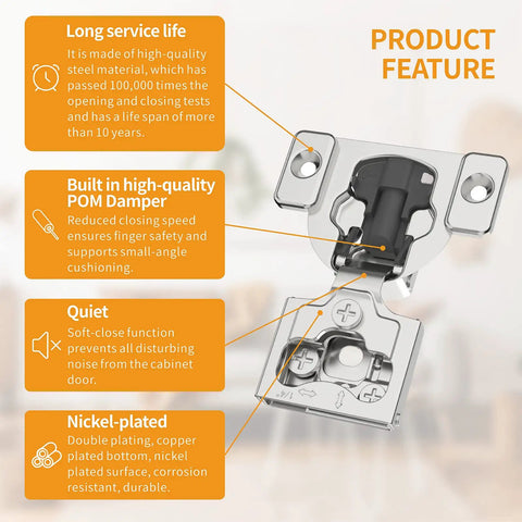 10 Pack 1/4 Inch Small Overlay 4D Concealed Hinges With Zero Drama Install And Smooth As Silk Soft Close Heavy Duty Stainless Steel Cabinet Hardware For Framed Face Frame Doors In Satin Nickel with features highlighted.