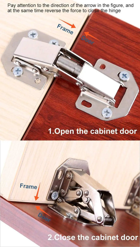 Heavy Duty Eight Pack Hidden Hinges For Frameless Cabinets Self Closing Concealed Door Hardware installation guide showing hinge opening and closing actions.