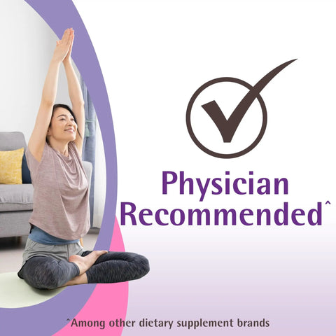 Woman practicing yoga beside 'Physician Recommended' text with a checkmark icon.