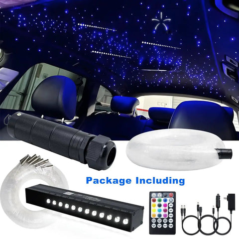 6W RGBW Fiber Optic Starlight Headliner Kit with 550pcs 0.03in end glow strands showing installed car ceiling and components